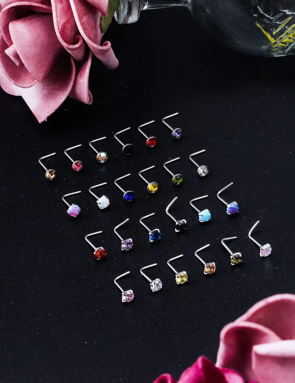 Lsnevsie 18G 20G 22G Surgical Steel Opal Nose Rings Studs for Women Men Nose Piercing Jewelry Top Diamond 1.5mm 2mm 2.5mm 3mm 24Pcs