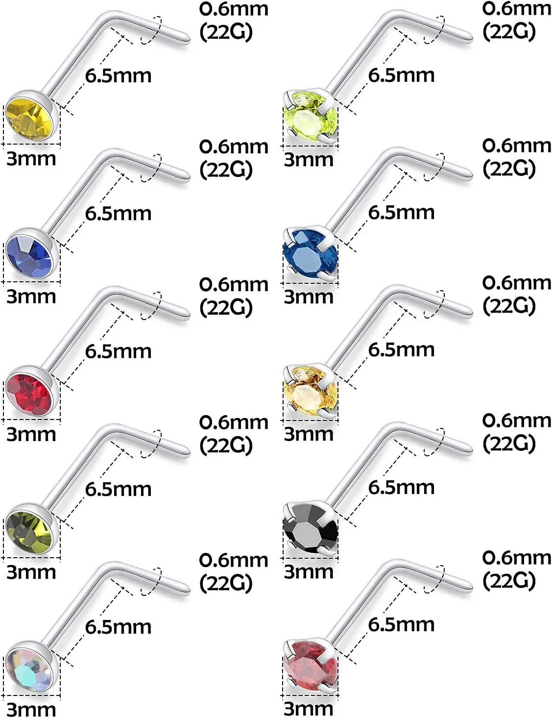 Lsnevsie 18G 20G 22G Surgical Steel Opal Nose Rings Studs for Women Men Nose Piercing Jewelry Top Diamond 1.5mm 2mm 2.5mm 3mm 24Pcs