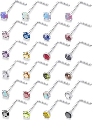 Lsnevsie 18G 20G 22G Surgical Steel Opal Nose Rings Studs for Women Men Nose Piercing Jewelry Top Diamond 1.5mm 2mm 2.5mm 3mm 24Pcs