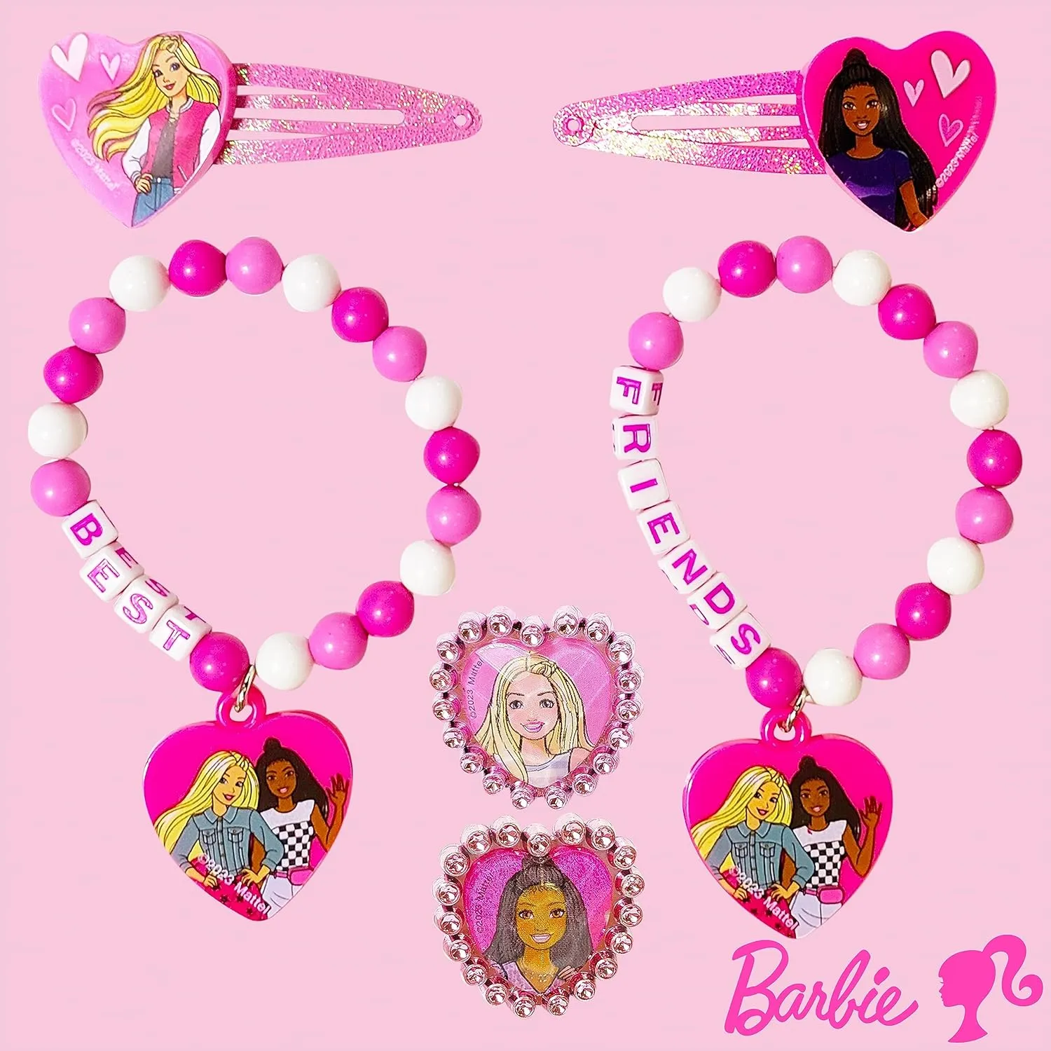 LUV HER Barbie Accessories for Girls 6 Piece Toy Jewelry Box Set with 2 Rings, 2 Bead Bracelets, and Snap Hair Clips Ages 3 