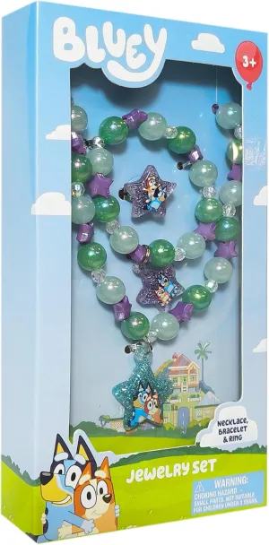 LUV HER Bluey Girl's Jewelry Set - Dress up 3 Piece Toy Jewelry Box Set with Bead Necklace, Bracelet and Ring - Play Accessories - Ages 3 