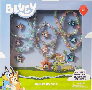 LUV HER Bluey Girl's Jewelry Set - Dress up 9 Piece Toy Jewelry Box Set with Bead Necklace, Bracelet and Ring - Play Accessories - Ages 3 