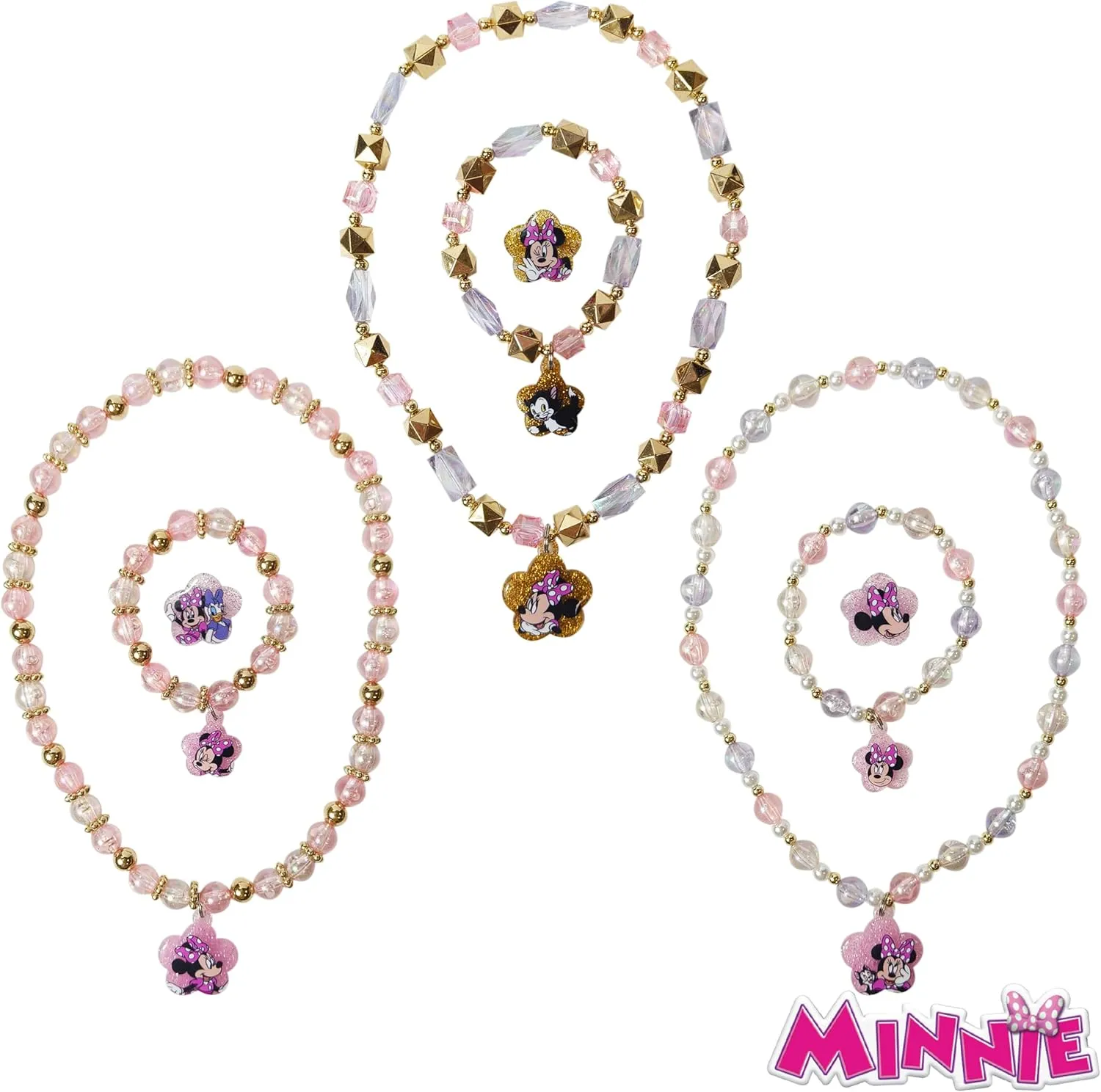 LUV HER Disney Minnie Girls Jewelry Set - Dress up Toy Jewelry Box Sets with Bead Necklace, Bead Bracelet and Ring - Play Accessories - Ages 3 