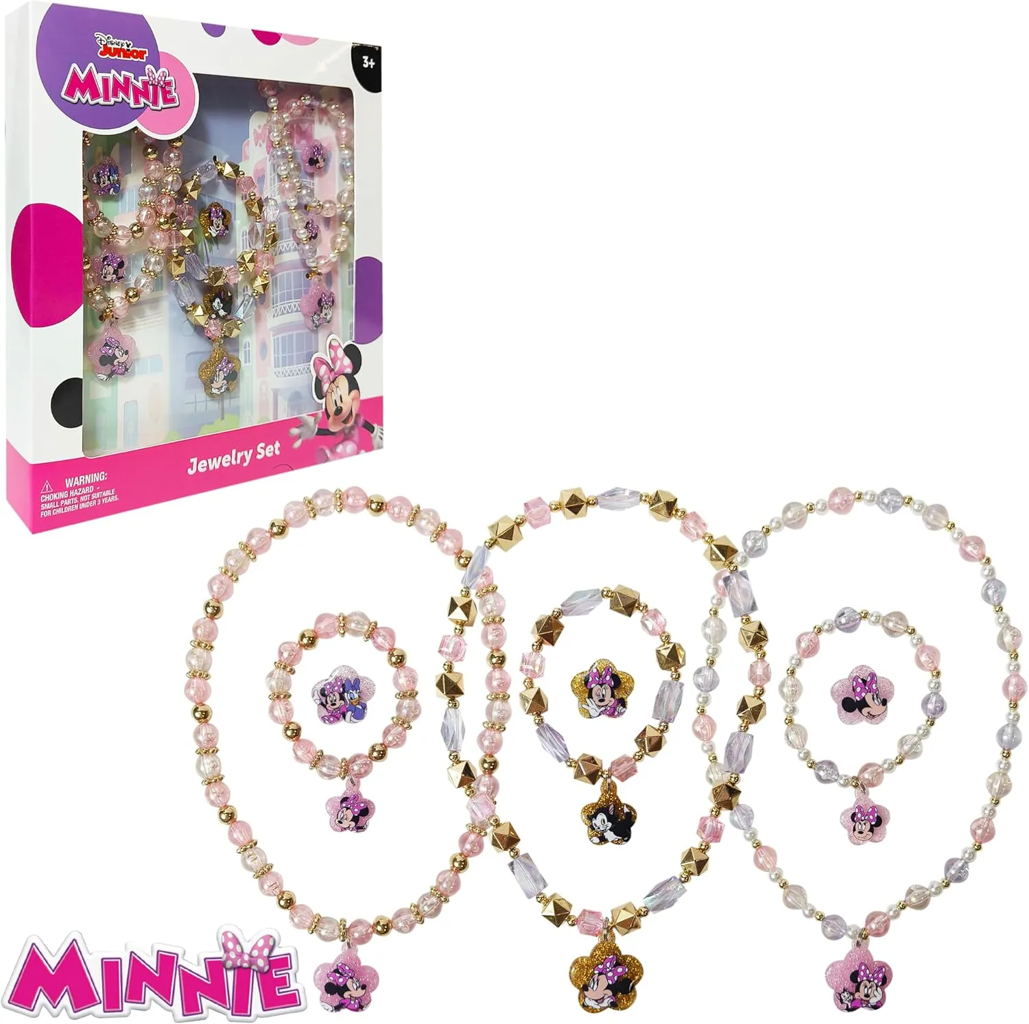 LUV HER Disney Minnie Girls Jewelry Set - Dress up Toy Jewelry Box Sets with Bead Necklace, Bead Bracelet and Ring - Play Accessories - Ages 3 