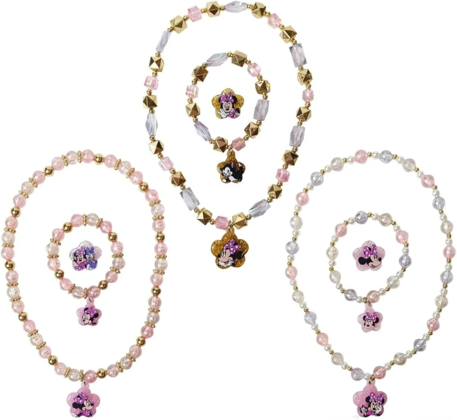LUV HER Disney Minnie Girls Jewelry Set - Dress up Toy Jewelry Box Sets with Bead Necklace, Bead Bracelet and Ring - Play Accessories - Ages 3 