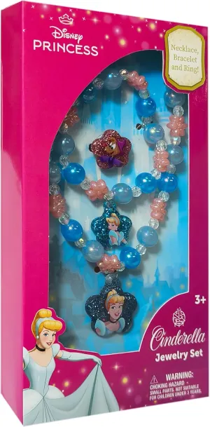 LUV HER Disney Princesses Cinderella Girls Jewelry Set - Dress up 3 Piece Toy Jewelry Box Set with Bead Necklace, Bracelet and Ring - Play Accessories - Ages 3 