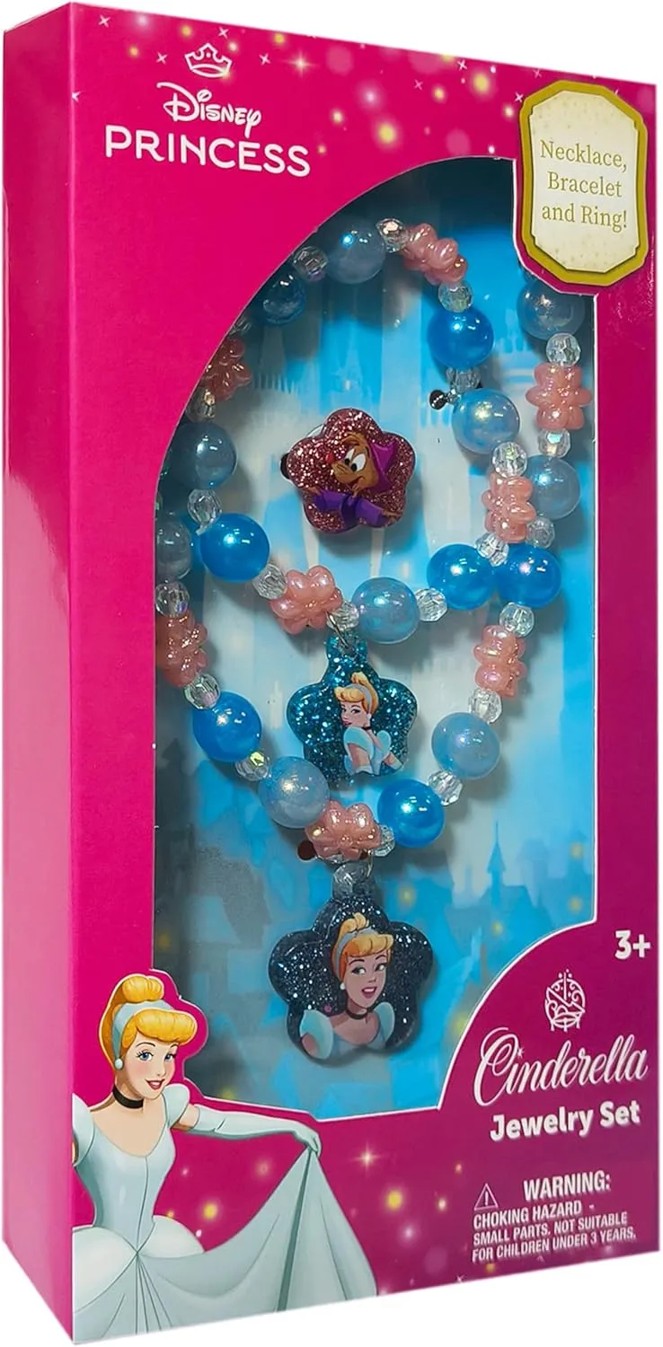 LUV HER Disney Princesses Cinderella Girls Jewelry Set - Dress up 3 Piece Toy Jewelry Box Set with Bead Necklace, Bracelet and Ring - Play Accessories - Ages 3 
