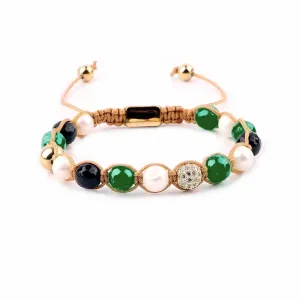 Luxury Green Agate Bracelet Abundance Crystals Bracelet Onyx, Freshwater Pearls, Micro Pave CZ Gold Ball 8mm Adjustable Braided Macrame Bracelet EXCLUSIVE YOGA GIRL USA HANDMADE (green-agate)