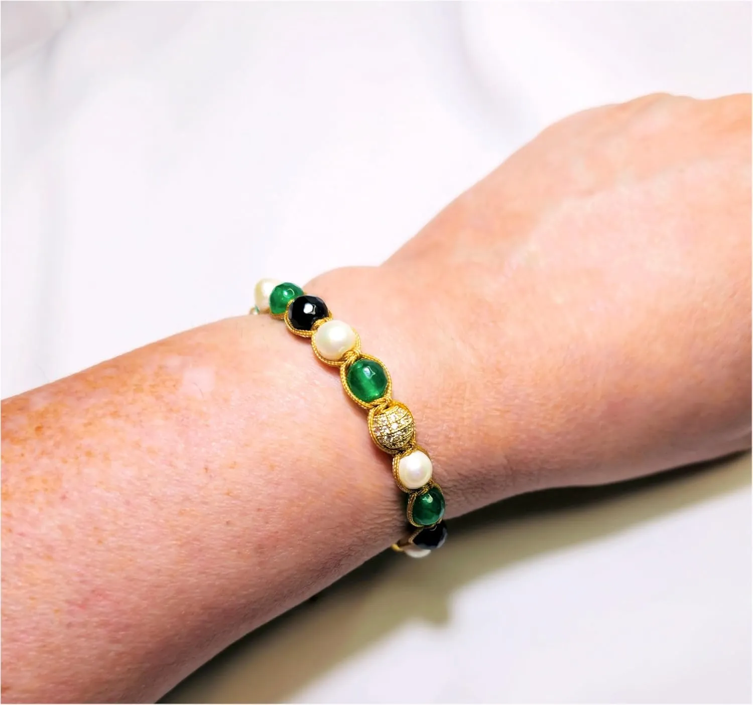 Luxury Green Agate Bracelet Abundance Crystals Bracelet Onyx, Freshwater Pearls, Micro Pave CZ Gold Ball 8mm Adjustable Braided Macrame Bracelet EXCLUSIVE YOGA GIRL USA HANDMADE (green-agate)