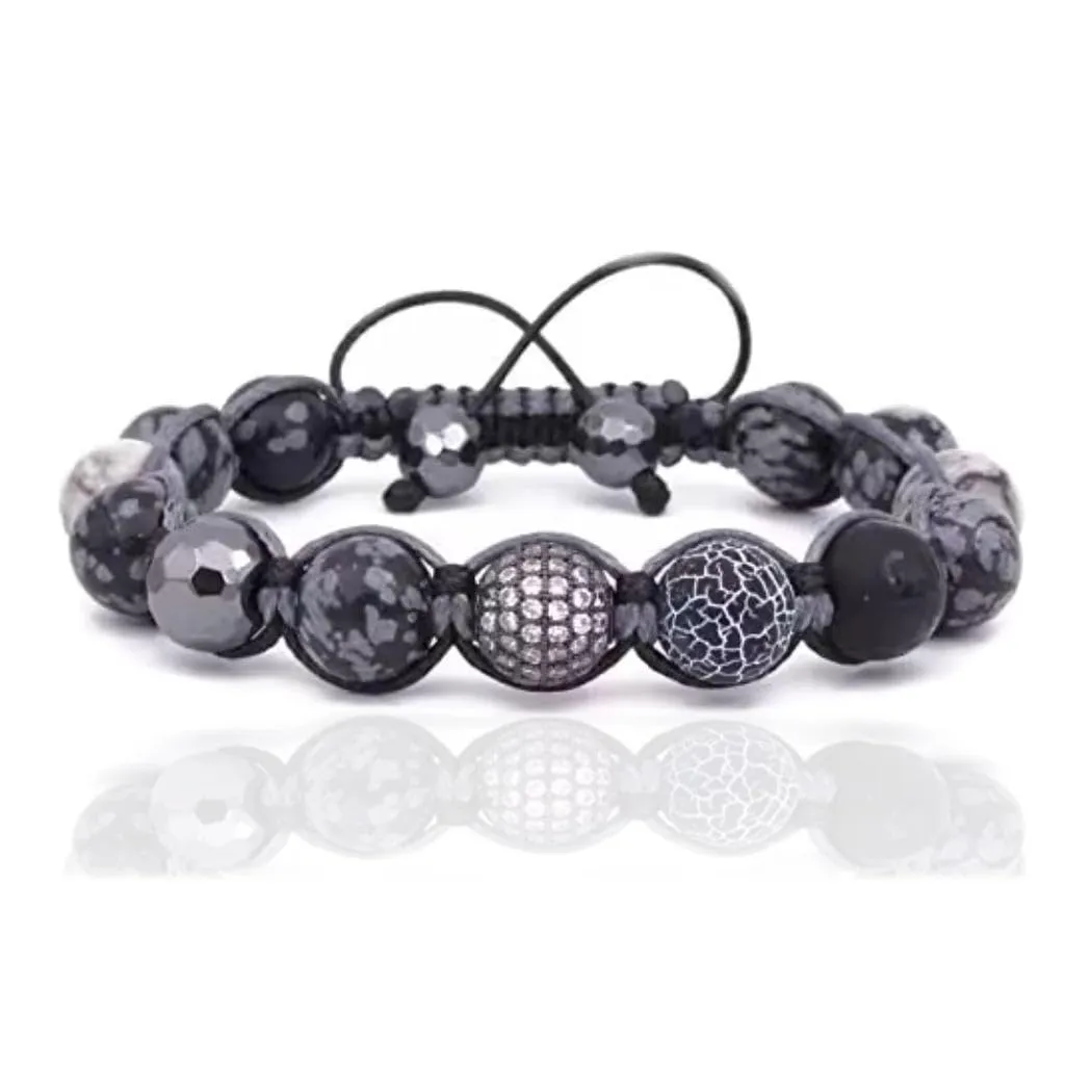 Luxury Natural Stones Bracelet Healing Crystals Bracelet Obsidian, Onyx, Jasper, Hematite, Agate, Micro Pave CZ Ball 10mm Beads Adjustable Macrame Bracelet EXCLUSIVE YOGA GIRL USA HANDMADE (obsidian)