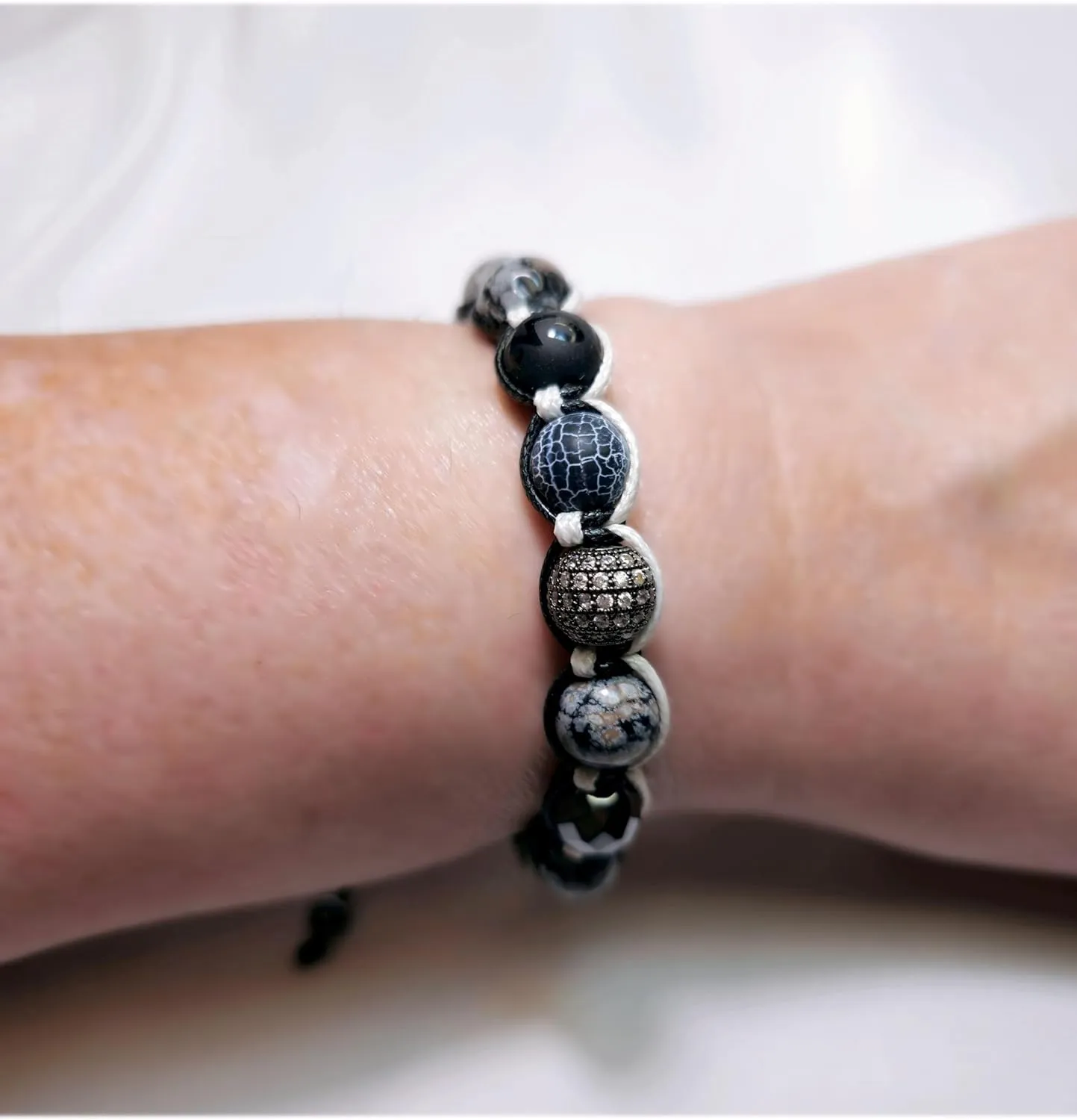 Luxury Natural Stones Bracelet Healing Crystals Bracelet Obsidian, Onyx, Jasper, Hematite, Agate, Micro Pave CZ Ball 10mm Beads Adjustable Macrame Bracelet EXCLUSIVE YOGA GIRL USA HANDMADE (obsidian)