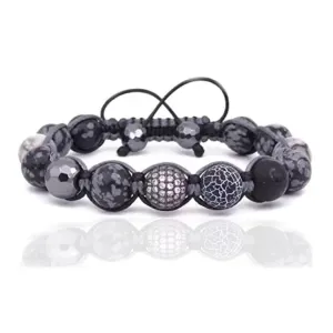 Luxury Natural Stones Bracelet Healing Crystals Bracelet Obsidian, Onyx, Jasper, Hematite, Agate, Micro Pave CZ Ball 10mm Beads Adjustable Macrame Bracelet EXCLUSIVE YOGA GIRL USA HANDMADE (obsidian)
