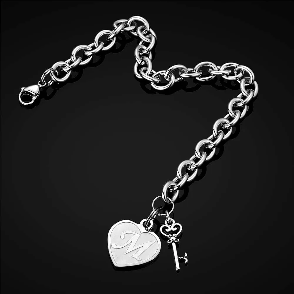 M MOOHAM Heart Initial Bracelets for Women Gifts - Engraved 26 Letters Initial Charms Bracelet Stainless Steel Bracelet Birthday Christmas Jewelry Gift for Women Teen Girls