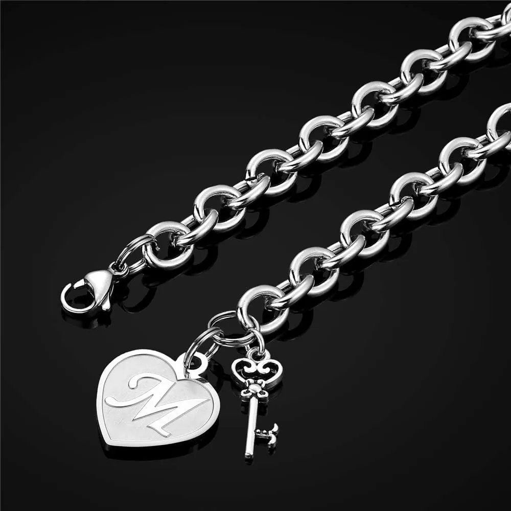 M MOOHAM Heart Initial Bracelets for Women Gifts - Engraved 26 Letters Initial Charms Bracelet Stainless Steel Bracelet Birthday Christmas Jewelry Gift for Women Teen Girls
