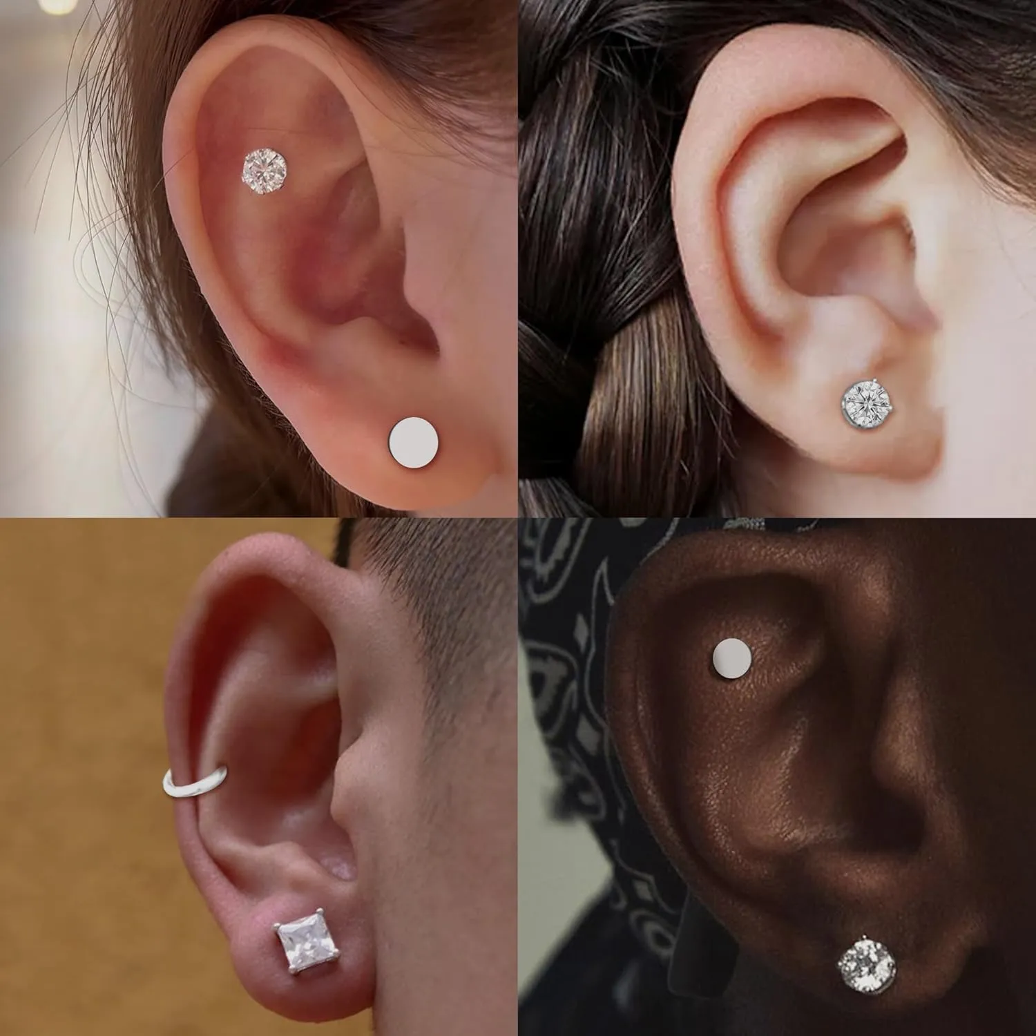 Magnetic Earrings for Men and Women, 4 Pairs Clip on Earrings Stainless Steel Stud Earrings Hypoallergenic Cubic Zirconia Studs Small Non-piercing Silver Ear Cuff Black Fake Earring Set 6-8MM