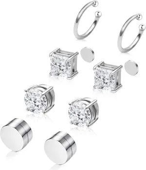 Magnetic Earrings for Men and Women, 4 Pairs Clip on Earrings Stainless Steel Stud Earrings Hypoallergenic Cubic Zirconia Studs Small Non-piercing Silver Ear Cuff Black Fake Earring Set 6-8MM