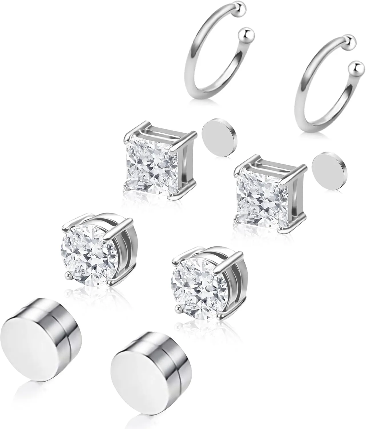 Magnetic Earrings for Men and Women, 4 Pairs Clip on Earrings Stainless Steel Stud Earrings Hypoallergenic Cubic Zirconia Studs Small Non-piercing Silver Ear Cuff Black Fake Earring Set 6-8MM