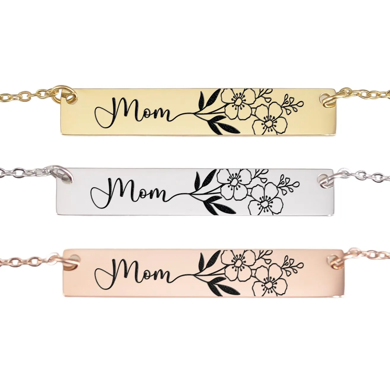 Mama bar necklace in silver rose or yellow gold, custom necklace with name and flowers