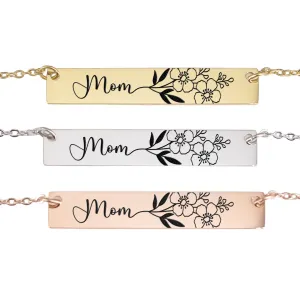 Mama bar necklace in silver rose or yellow gold, custom necklace with name and flowers
