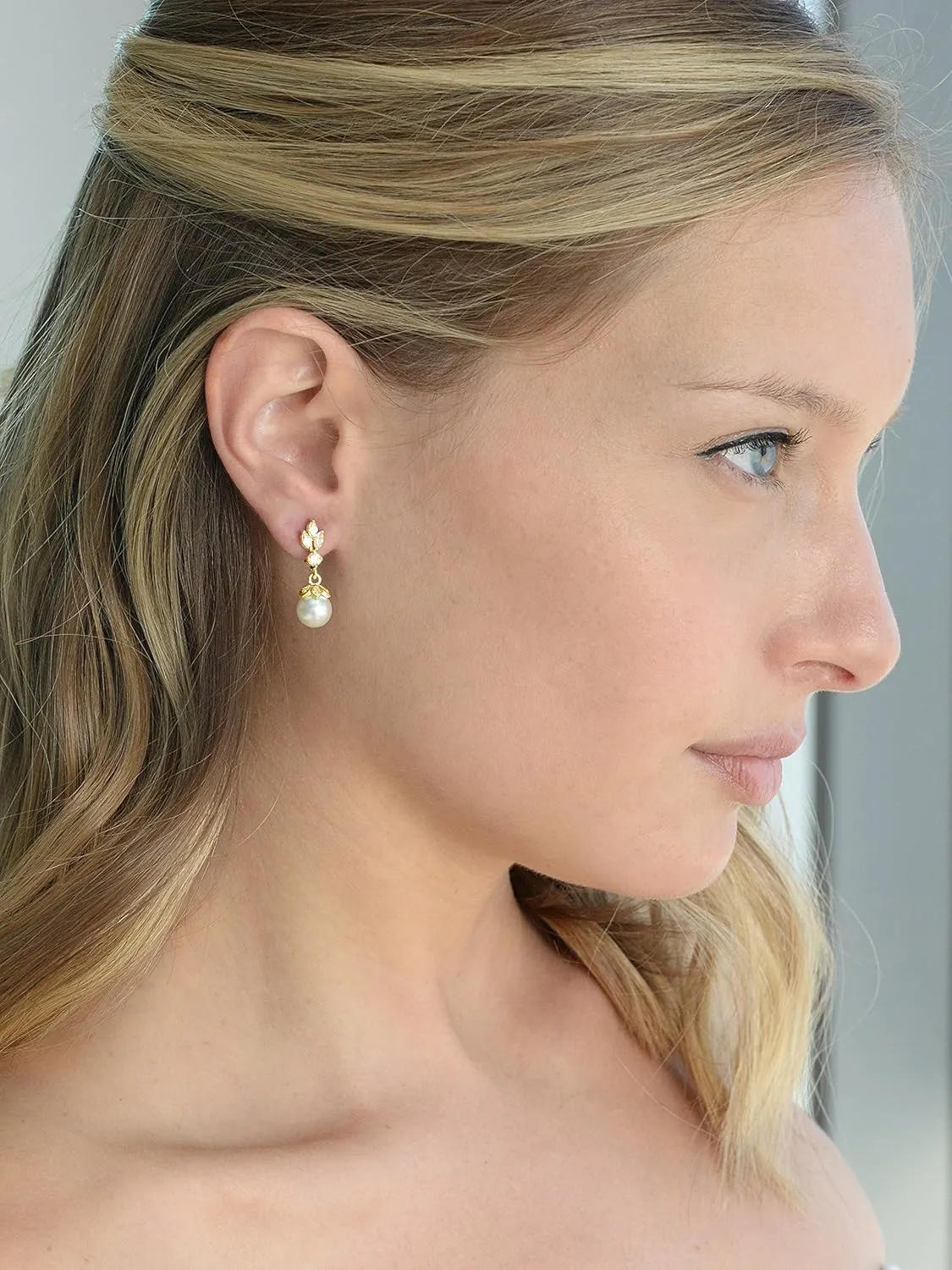 Mariell Pearl Drop Wedding Earrings, 8MM Ivory Shell Pearls, Cubic Zirconia Crystal and Pearl Earrings for Brides, Bridesmaid, Prom and Mother of the Bride
