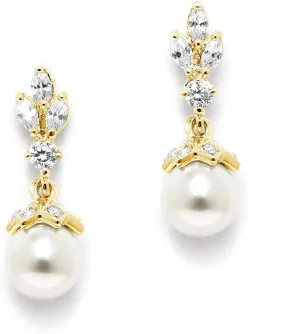 Mariell Pearl Drop Wedding Earrings, 8MM Ivory Shell Pearls, Cubic Zirconia Crystal and Pearl Earrings for Brides, Bridesmaid, Prom and Mother of the Bride