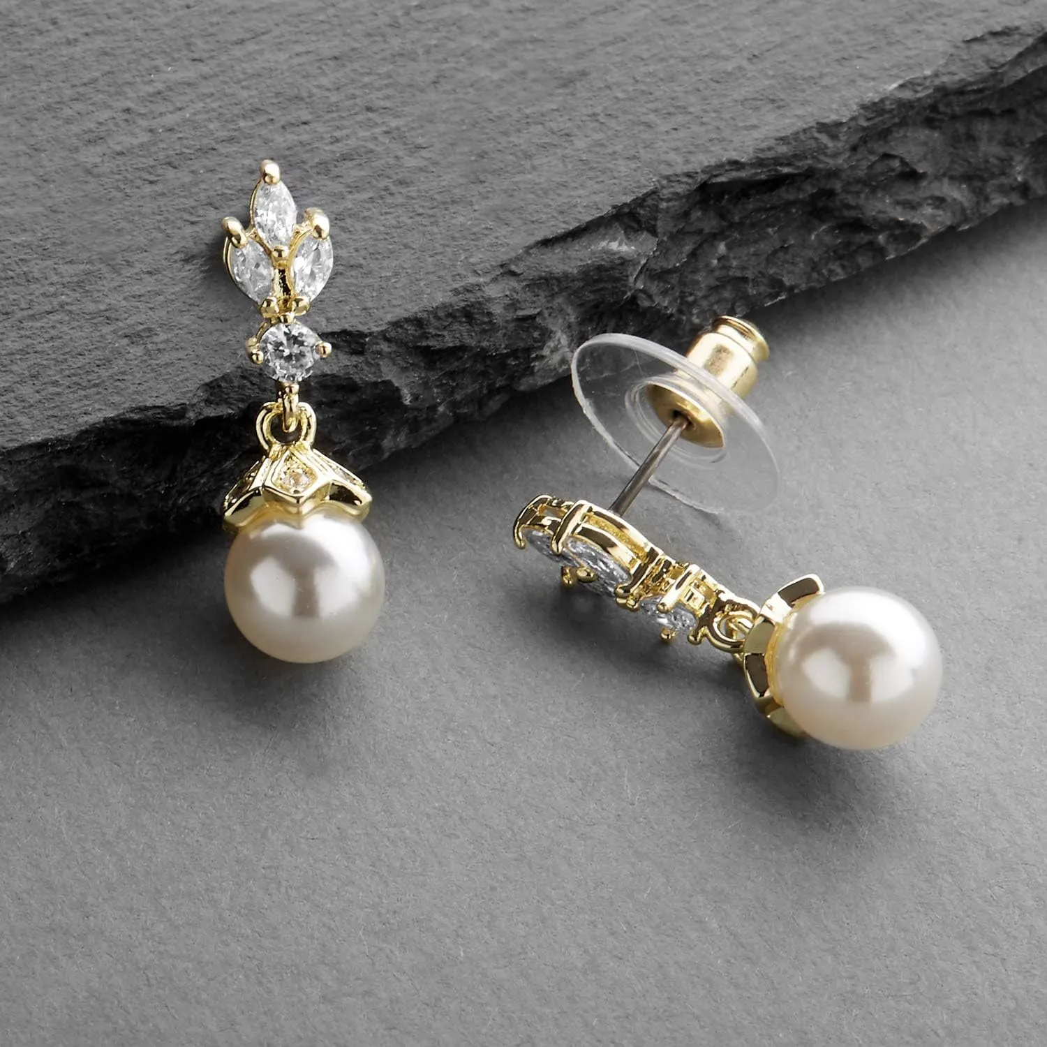 Mariell Pearl Drop Wedding Earrings, 8MM Ivory Shell Pearls, Cubic Zirconia Crystal and Pearl Earrings for Brides, Bridesmaid, Prom and Mother of the Bride