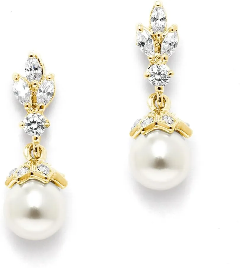 Mariell Pearl Drop Wedding Earrings, 8MM Ivory Shell Pearls, Cubic Zirconia Crystal and Pearl Earrings for Brides, Bridesmaid, Prom and Mother of the Bride