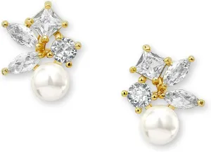 Mariell Petite Pearl Stud Gold Wedding Earrings, 6MM Ivory Shell Pearls, Cubic Zirconia Crystal and Pearl Earrings for Brides, Bridesmaid, Prom and Mother of the Bride
