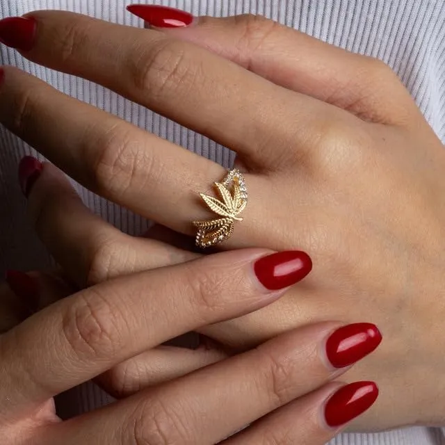 Marijuana Leaf Weed CZ Fine Ring Real Solid 10K Gold