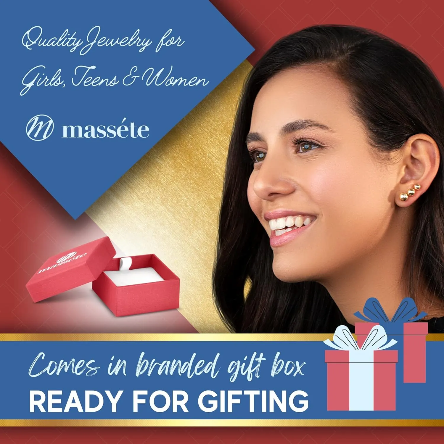 MASSETE Gold Ball Stud Earrings for Women and Girls | 10k, 14k | White Yellow or Rose Gold | 5mm -12mm | Nickel Free