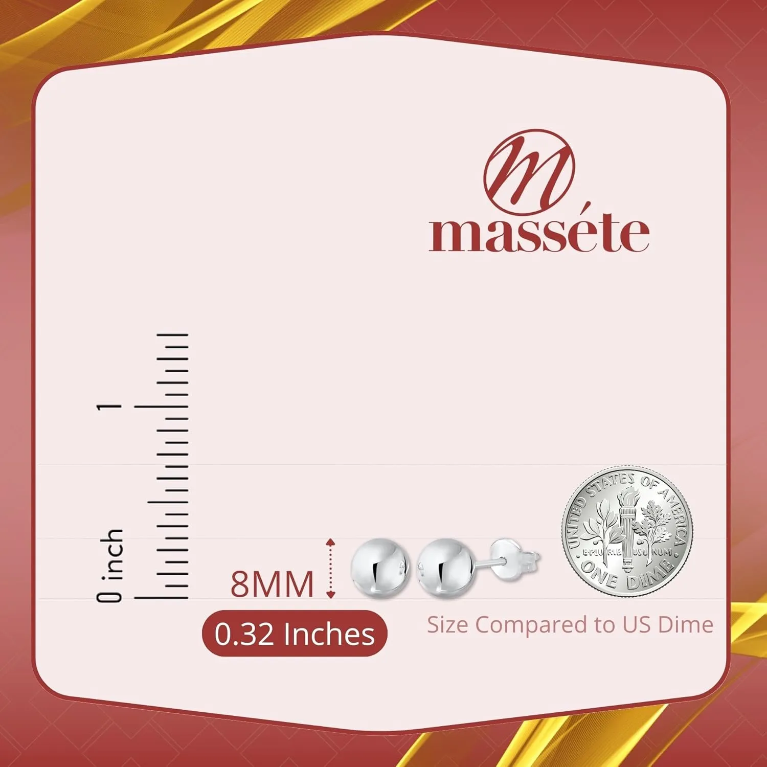 MASSETE Gold Ball Stud Earrings for Women and Girls | 10k, 14k | White Yellow or Rose Gold | 5mm -12mm | Nickel Free