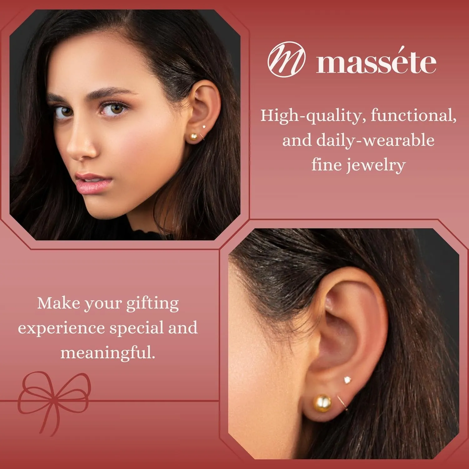 MASSETE Gold Ball Stud Earrings for Women and Girls | 10k, 14k | White Yellow or Rose Gold | 5mm -12mm | Nickel Free