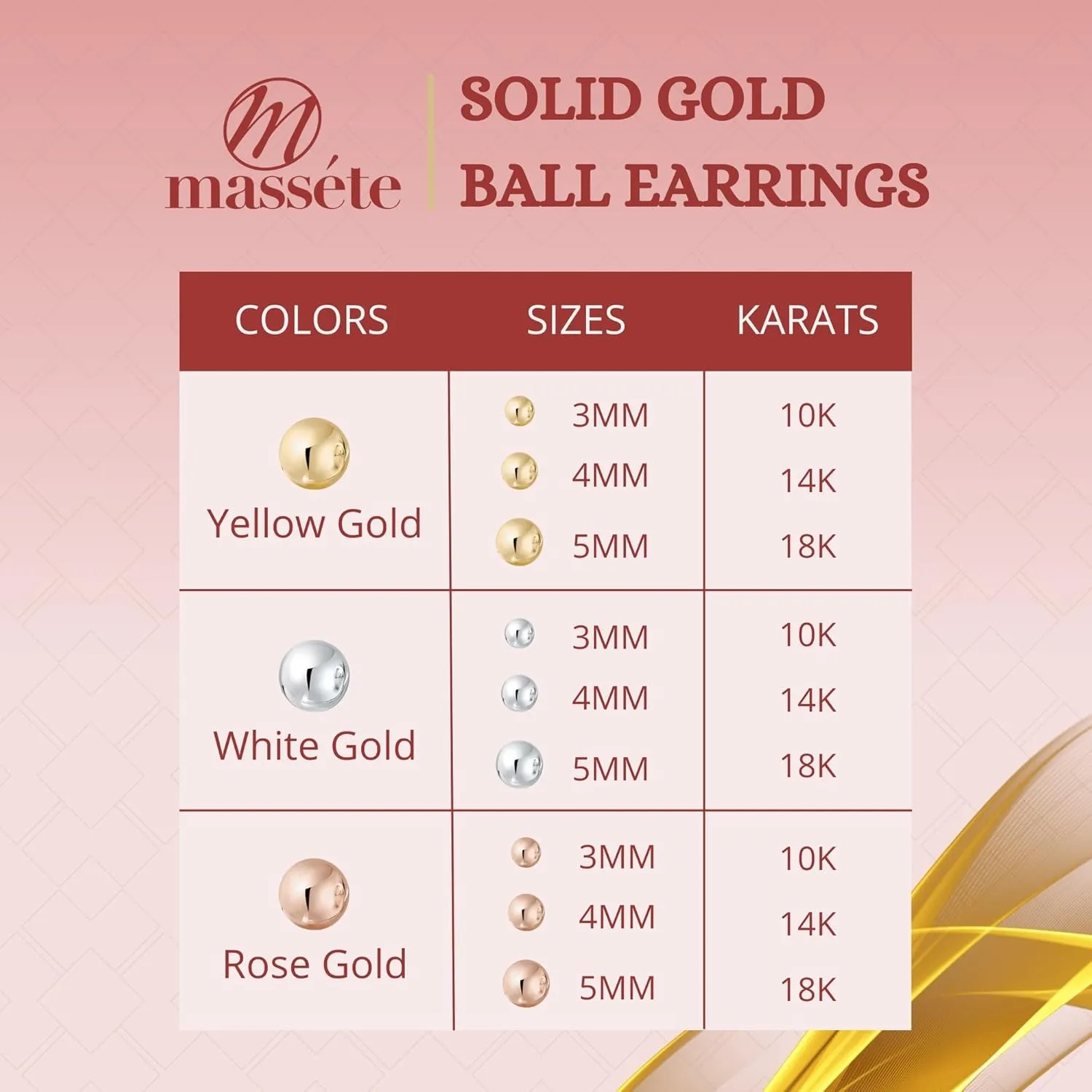 MASSETE Gold Ball Stud Earrings for Women and Girls Screwback | 10k, 14k, 18k | White Yellow or Rose Gold | 3mm 4mm 5mm | Nickel Free