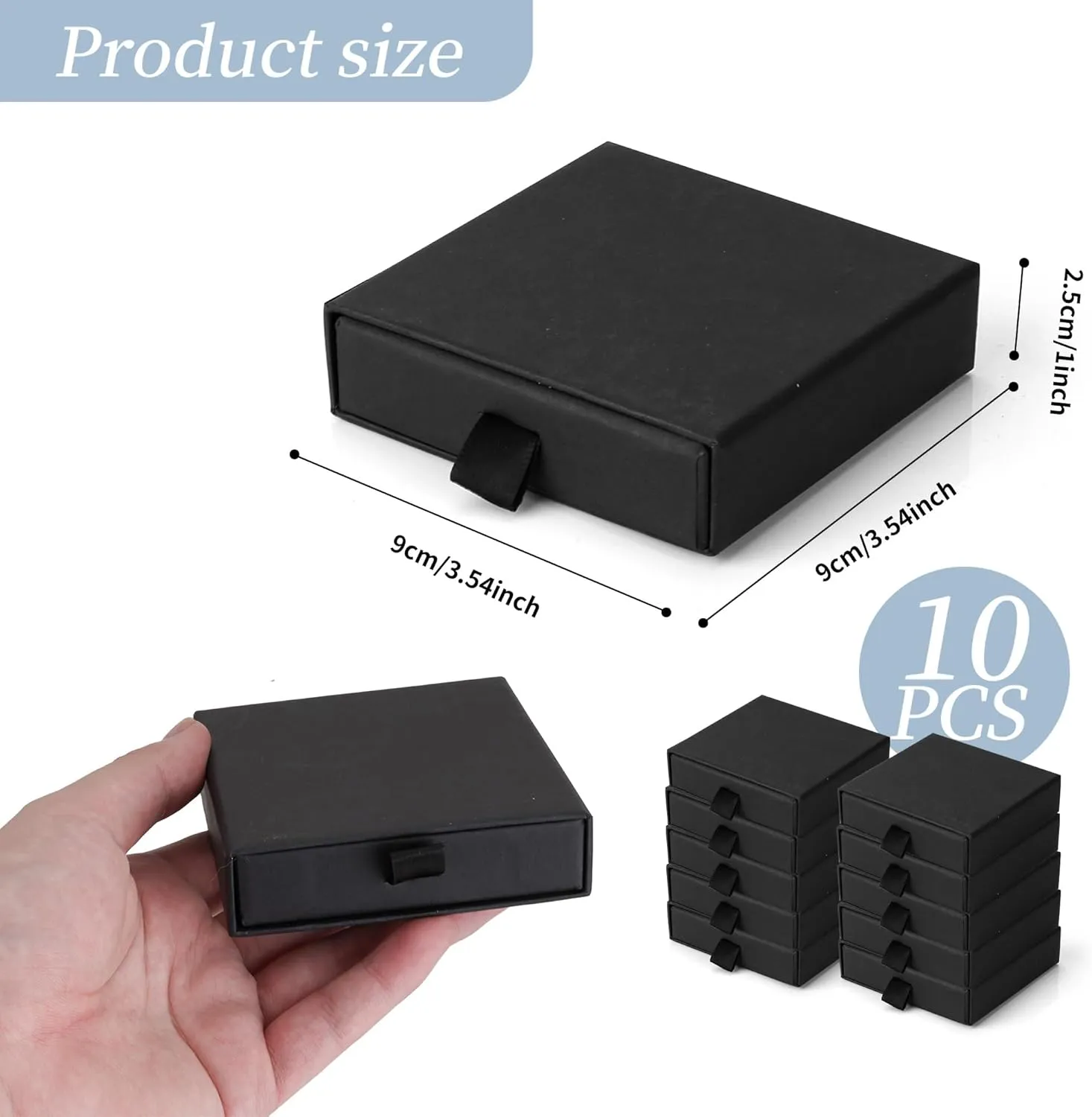 MATUFF Jewelry Gift Boxes, 10 Pack 3.5"  3.5" x 1" Sponge Fill Cardboard Jewelry Box Bulk, Drawer Style Small Gift Boxes for Necklace Pendant Bracelet Ring Earring Display and Storage, Black