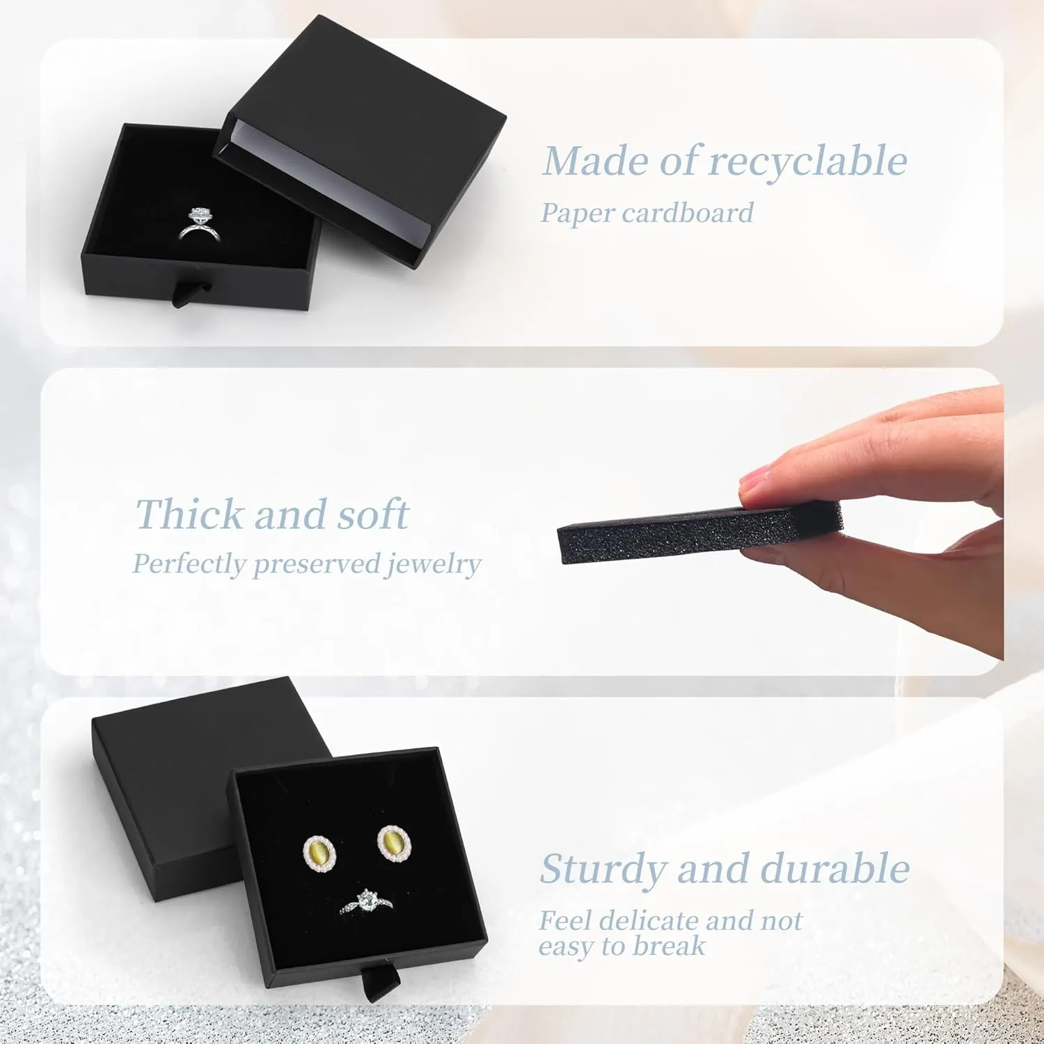 MATUFF Jewelry Gift Boxes, 10 Pack 3.5"  3.5" x 1" Sponge Fill Cardboard Jewelry Box Bulk, Drawer Style Small Gift Boxes for Necklace Pendant Bracelet Ring Earring Display and Storage, Black