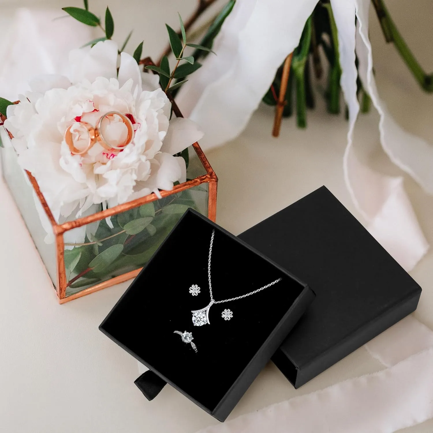 MATUFF Jewelry Gift Boxes, 10 Pack 3.5"  3.5" x 1" Sponge Fill Cardboard Jewelry Box Bulk, Drawer Style Small Gift Boxes for Necklace Pendant Bracelet Ring Earring Display and Storage, Black
