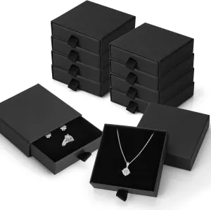 MATUFF Jewelry Gift Boxes, 10 Pack 3.5"  3.5" x 1" Sponge Fill Cardboard Jewelry Box Bulk, Drawer Style Small Gift Boxes for Necklace Pendant Bracelet Ring Earring Display and Storage, Black