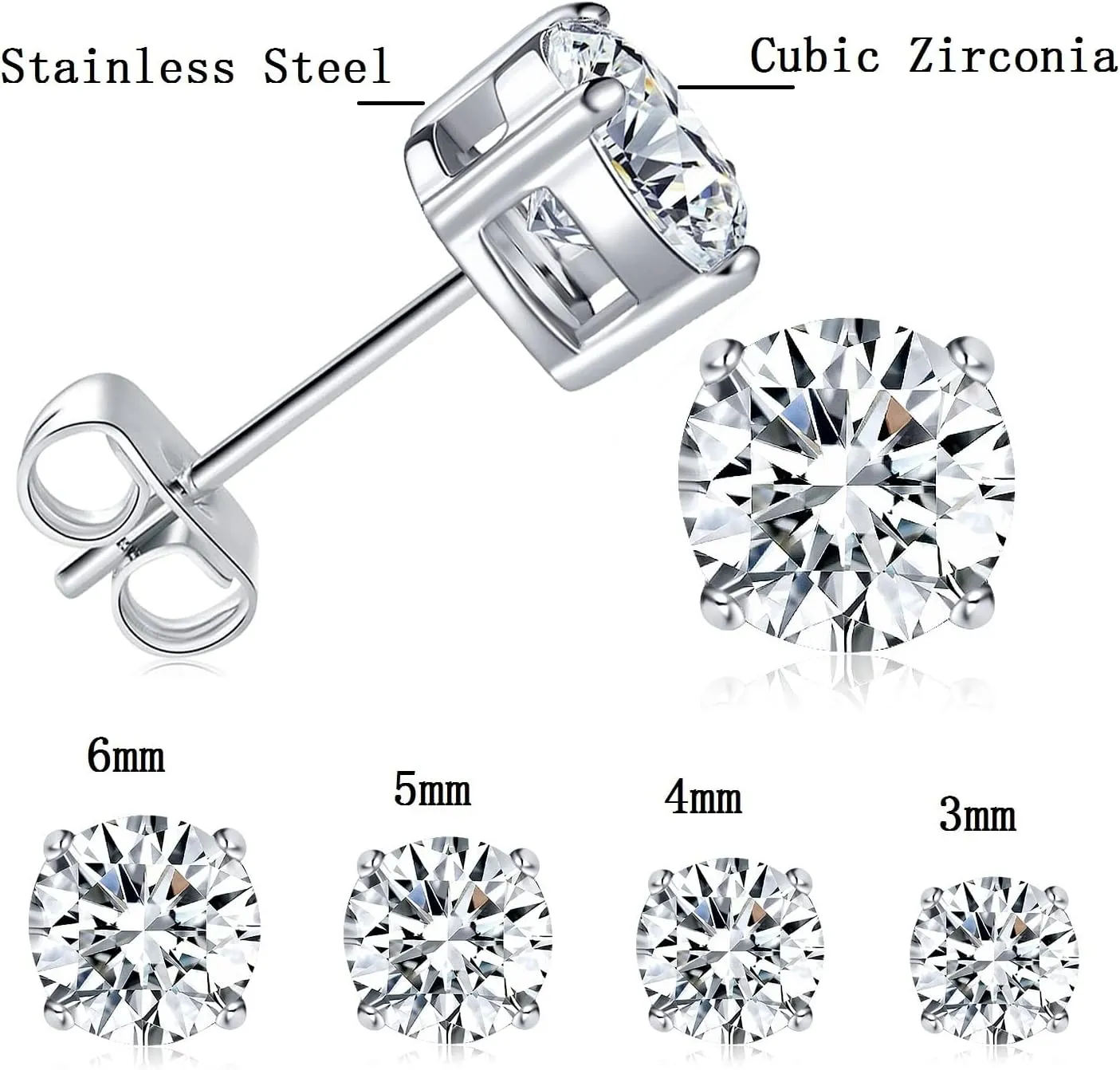 MDFUN Titanium Stud Earrings Set Hypoallergenic Cubic Zirconia Round CZ Surgical Stainless Steel 4 Prong Stud Earring for Women and Men 3-6mm Pack of 3-6mm