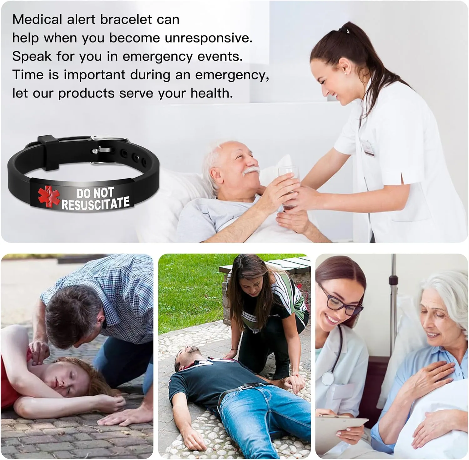 Medical Alert Bracelet Dual-Sided Custom Engraved ID Identification Personalized Wristband for Women Adjustable Band Security Clasp