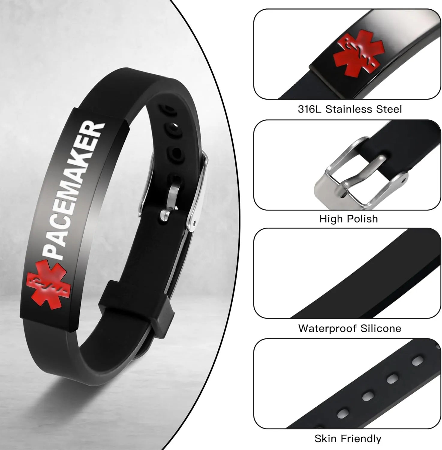 Medical Alert Bracelet Dual-Sided Custom Engraved ID Identification Personalized Wristband for Women Adjustable Band Security Clasp