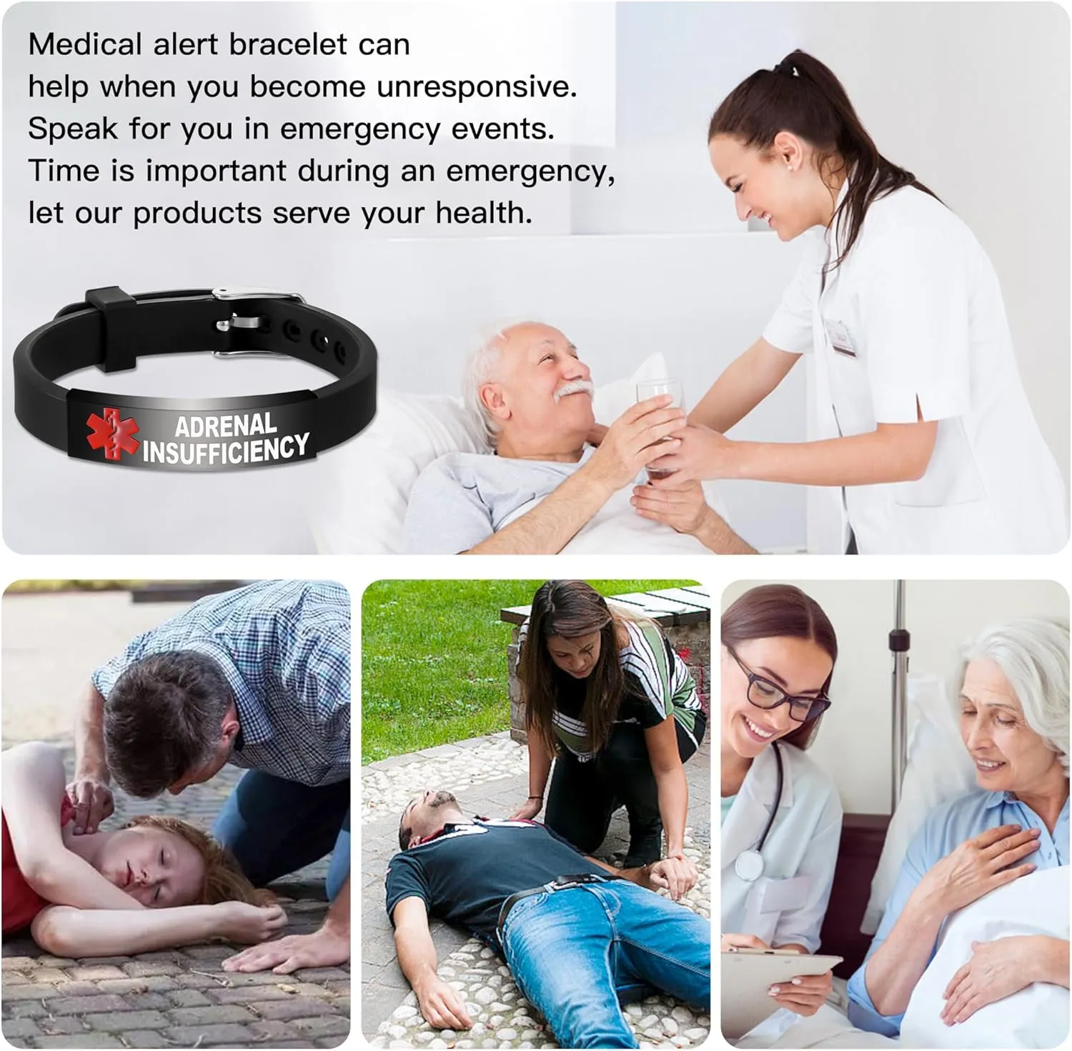 Medical Alert Bracelet Dual-Sided Custom Engraved ID Identification Personalized Wristband for Women Adjustable Band Security Clasp