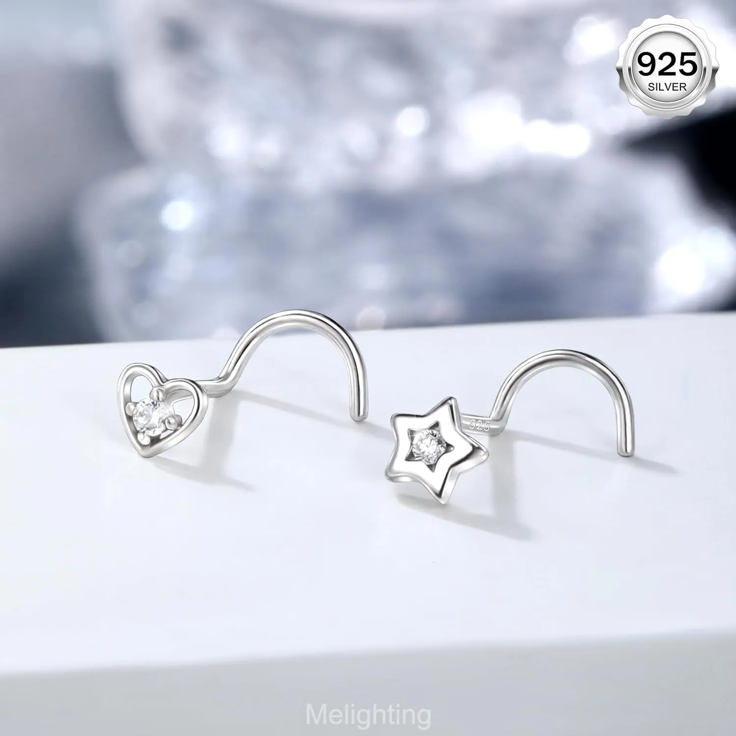 MeIighting Sterling Silver 925 Nose Stud 20G Nose Ring S-Shaped Nostril Piercing Clear CZ 7mm Nose Piercing Jewelry Body Jewelry for Women