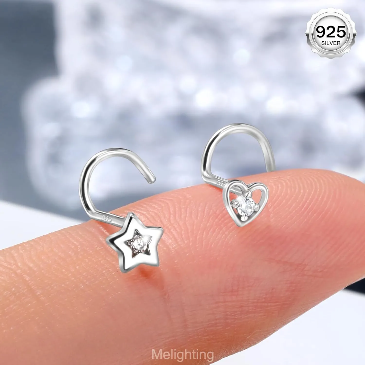 MeIighting Sterling Silver 925 Nose Stud 20G Nose Ring S-Shaped Nostril Piercing Clear CZ 7mm Nose Piercing Jewelry Body Jewelry for Women
