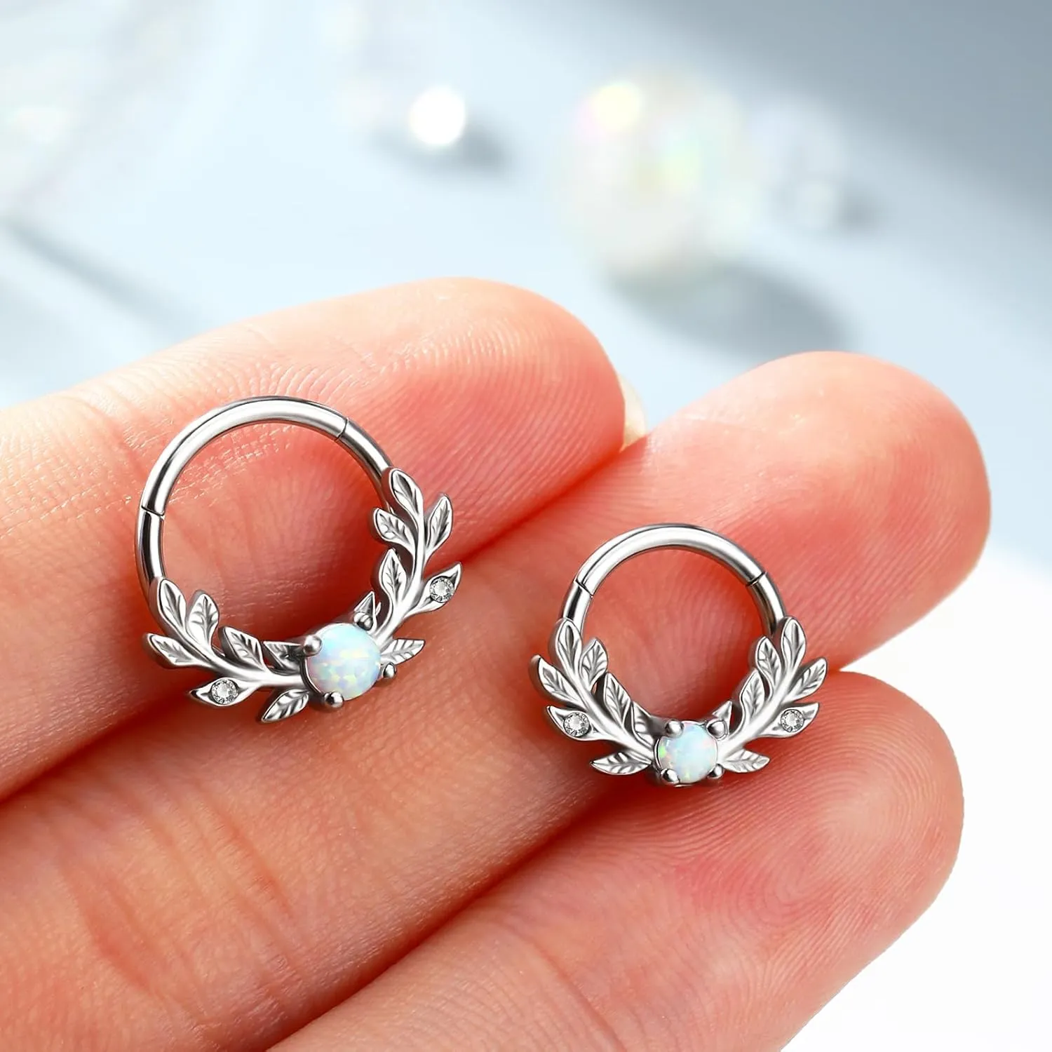 Melighting Opal Septum Ring 16G Vine Septum Jewelry Stainless Steel 316L Septum Piercing 10mm Daith Piercing Jewelry 8mm Conch Helix Earring Cartilage Earring for Women