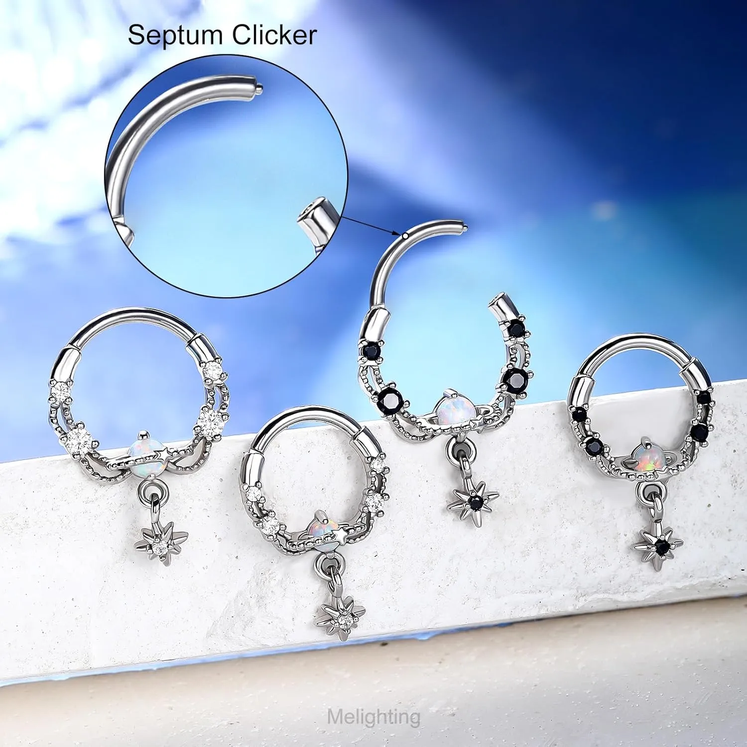 Melighting Septum Ring 16G Opal Septum Jewelry Stainless Steel 316L Dangle Daith Piercing Jewelry Star Conch Piercing Jewelry Septum Piercing for Women