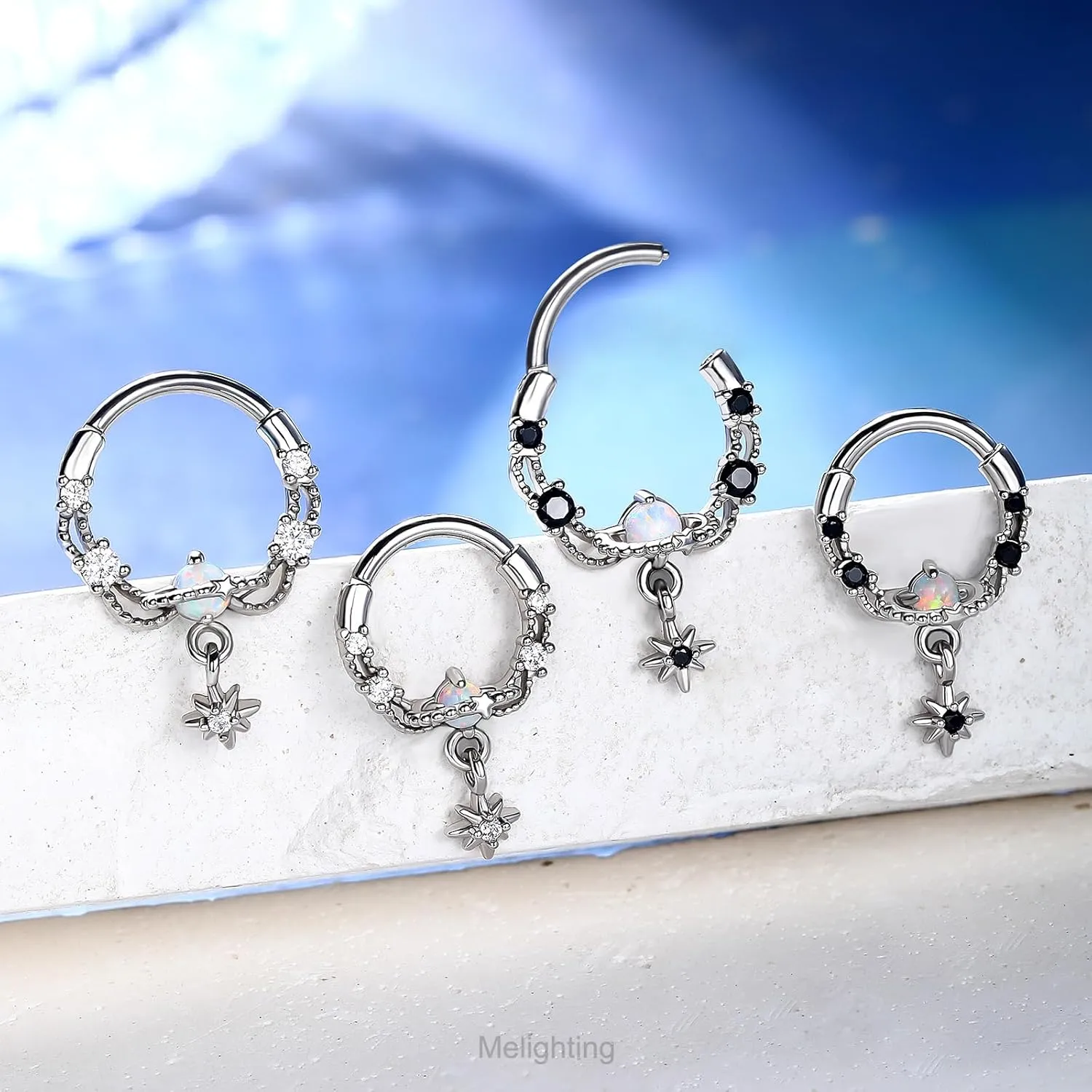 Melighting Septum Ring 16G Opal Septum Jewelry Stainless Steel 316L Dangle Daith Piercing Jewelry Star Conch Piercing Jewelry Septum Piercing for Women