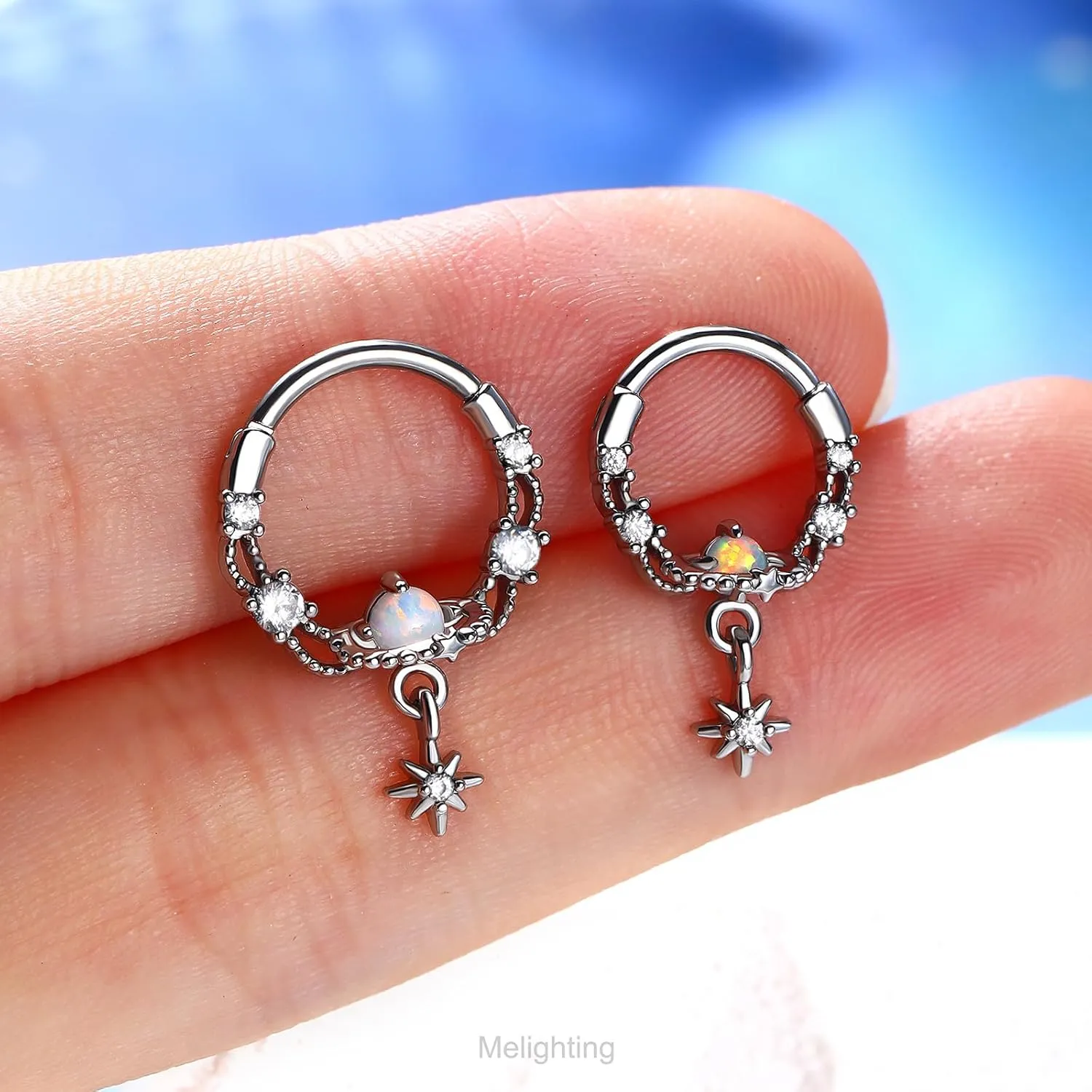 Melighting Septum Ring 16G Opal Septum Jewelry Stainless Steel 316L Dangle Daith Piercing Jewelry Star Conch Piercing Jewelry Septum Piercing for Women