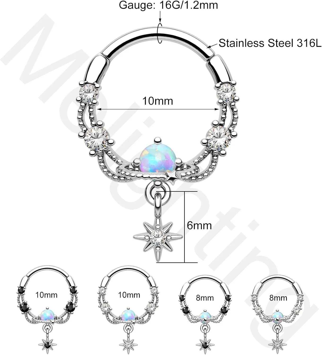 Melighting Septum Ring 16G Opal Septum Jewelry Stainless Steel 316L Dangle Daith Piercing Jewelry Star Conch Piercing Jewelry Septum Piercing for Women