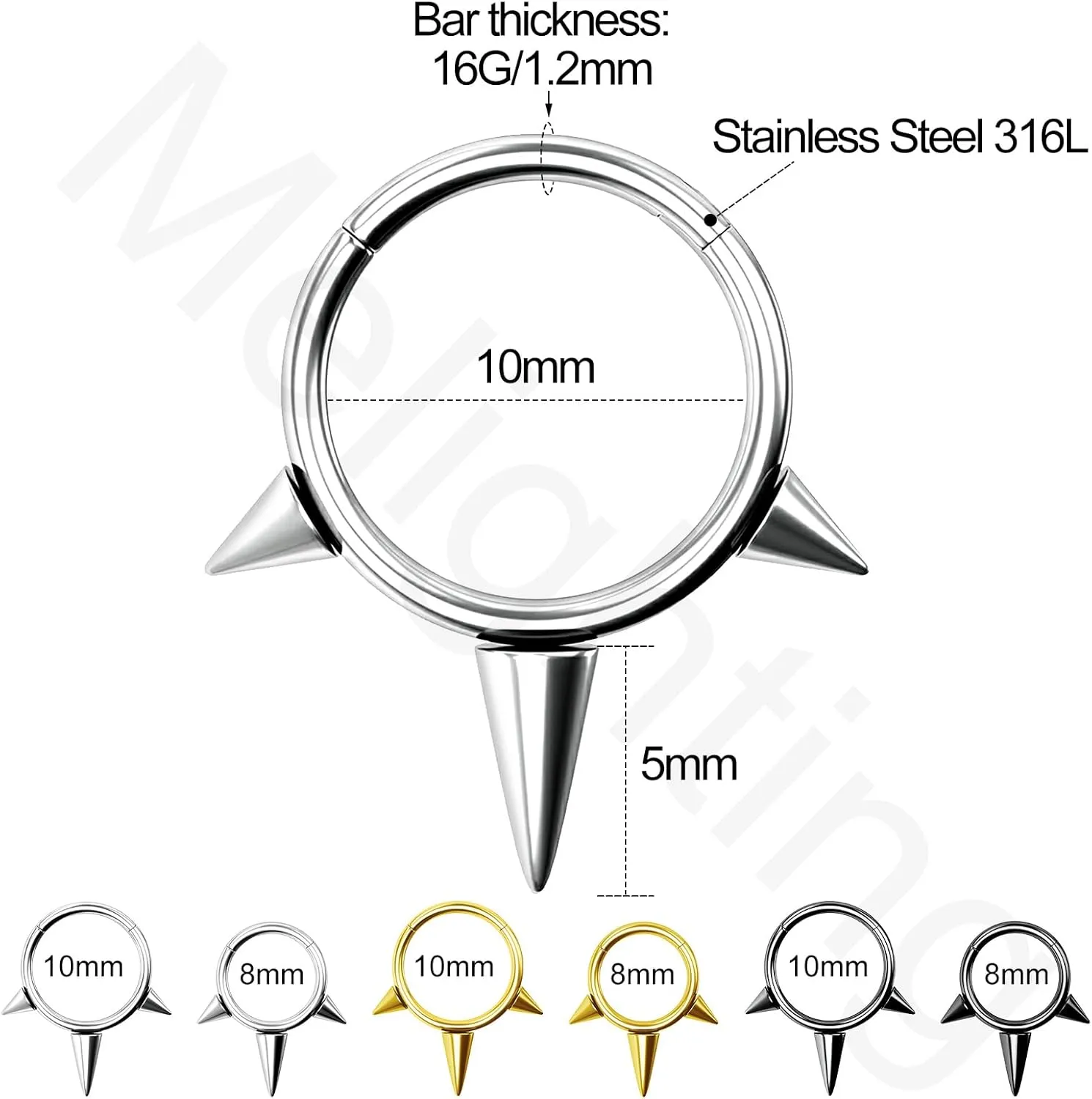 Melighting Spike Septum Ring 16G Septum Jewelry Hoop Stainless Steel 316L Cartilage Earring Hinged Spike Daith Piercing Jewelry for Women