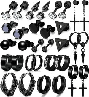 Men Earrings Set - Black Stainless Steel Cross Dangle Hoop & Ear Stud Fashion Piercing Jewelry for Birthdays, Parties & More